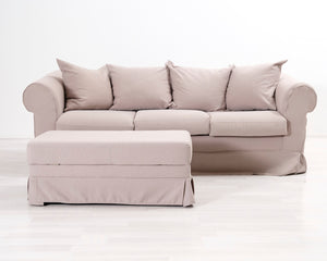 3-istuttava kangassohva ja rahi beige